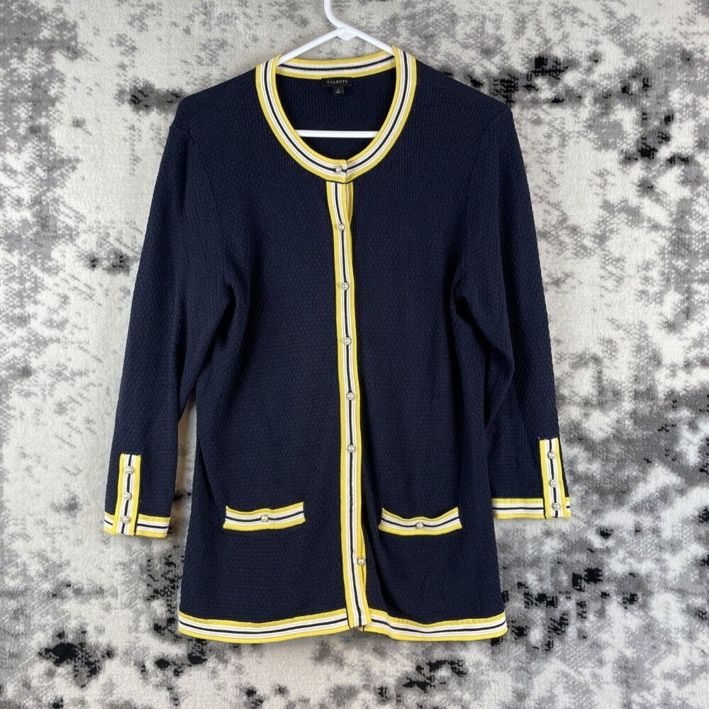 Talbots Cardigan Women's Size Small Blue Yellow Trim‎ Cotton Rayon Stretch
